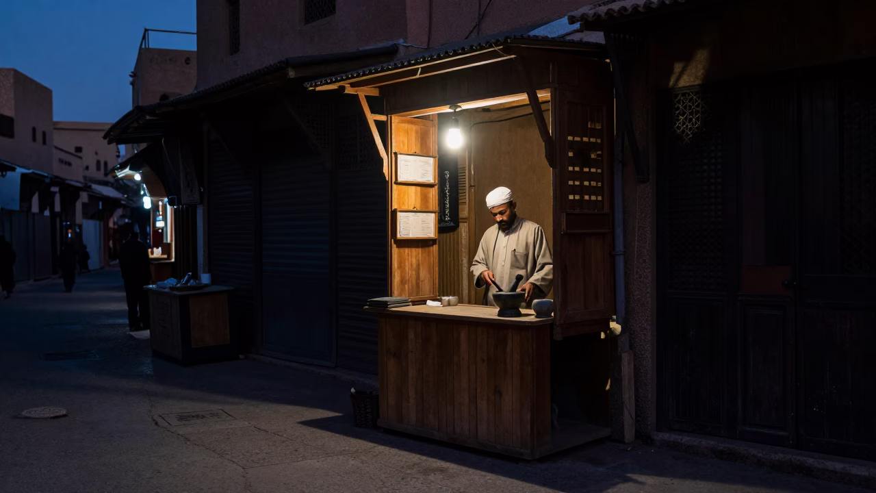 Predawn Casablanca Street Scene with Mortar and Pestle in Local Market Stall in in Casablanca, Morocco