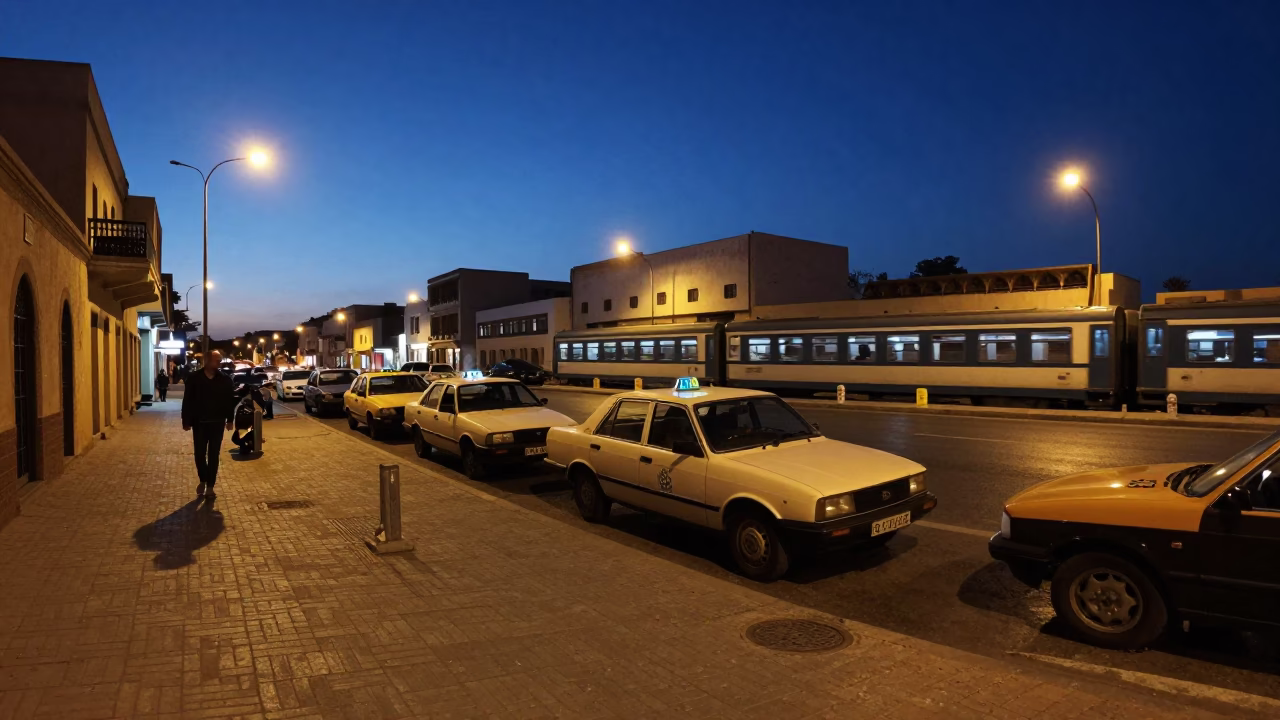 Predawn Casablanca Street Scene with Taxi Rank and Ceramic Cup in in Casablanca, Morocco