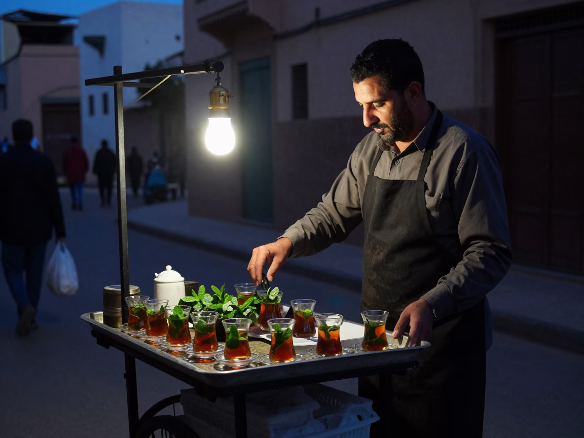 Predawn Casablanca Street Scene with Tea Tray and Apron in Morocco in in Casablanca, Morocco