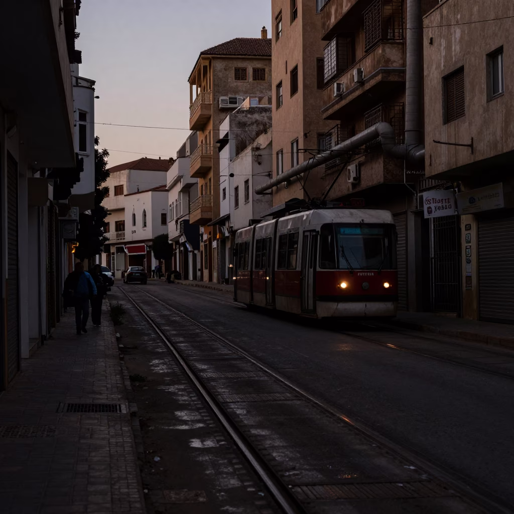 Predawn Casablanca Street Scene with Tram Tracks and Concrete Architecture in in Casablanca, Morocco