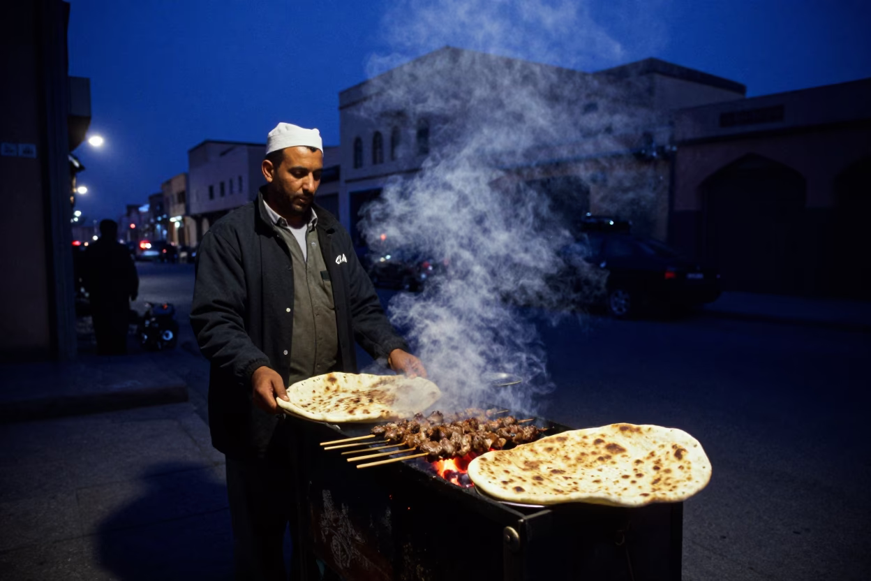 Predawn Casablanca Street Vendor Selling Kebab Koobideh on Lavash in Morocco in in Casablanca, Morocco