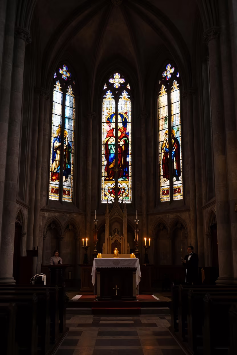 Predawn Cathedral Silhouette Stained Glass Warmth in in a chapel lit by stained glass in Pecs