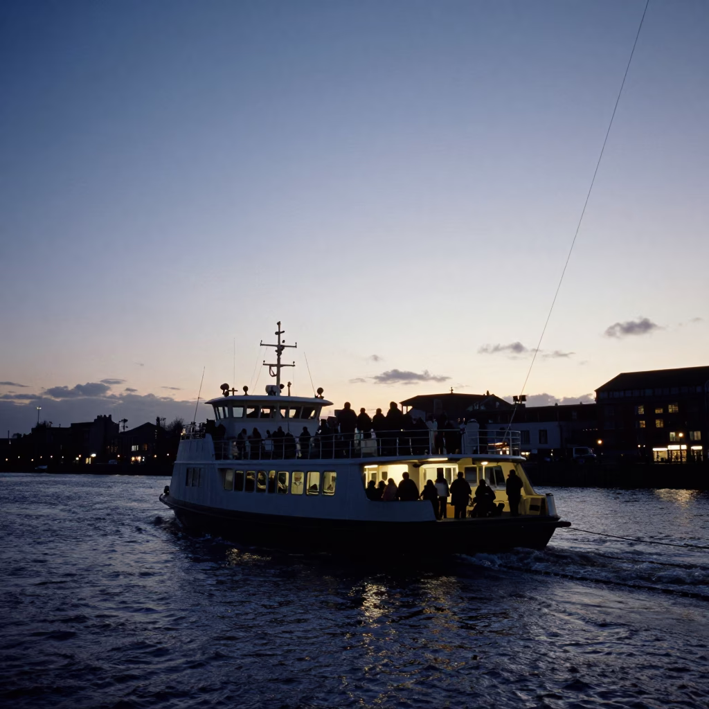 Predawn Chain Ferry Crossing Bristol Harbour with Silhouetted Passengers and City Lights in in Bristol, United Kingdom