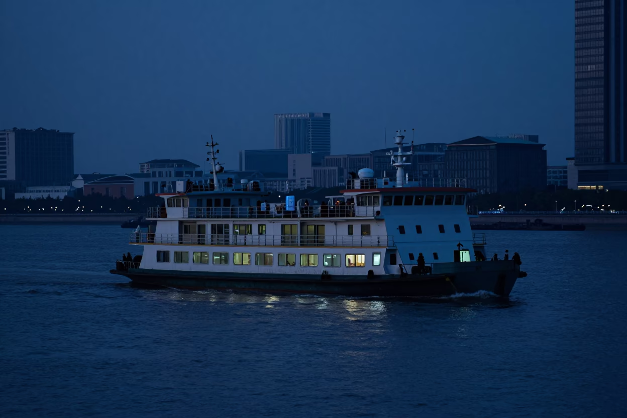 Predawn Chain Ferry Crossing Huangpu River in Shanghai China in in Shanghai, China