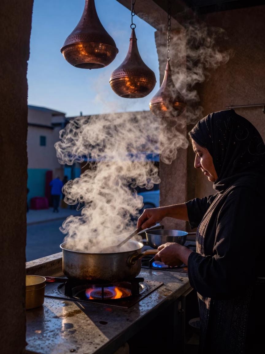 Predawn Chaos in Fez Medina Kitchen with Steam and Worn Wood Details in in Fez, Morocco