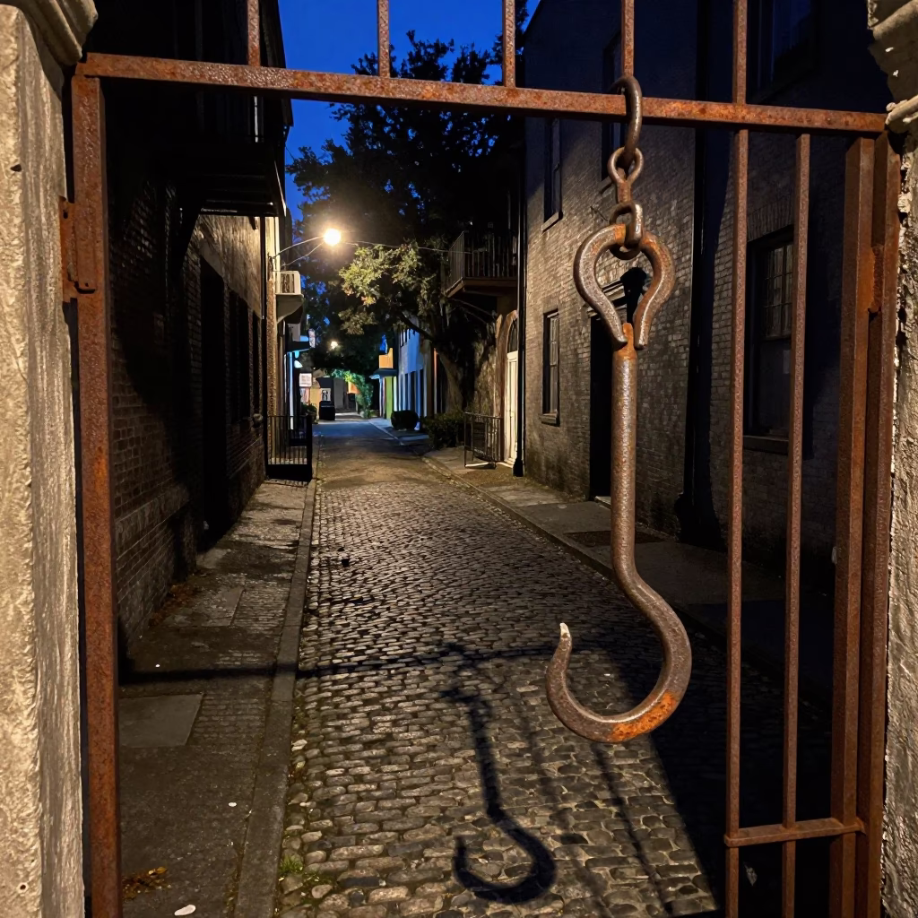 Predawn Charleston Alleyway Scene with Iron Hook and Vintage Radio in in Charleston, South Carolina, United States
