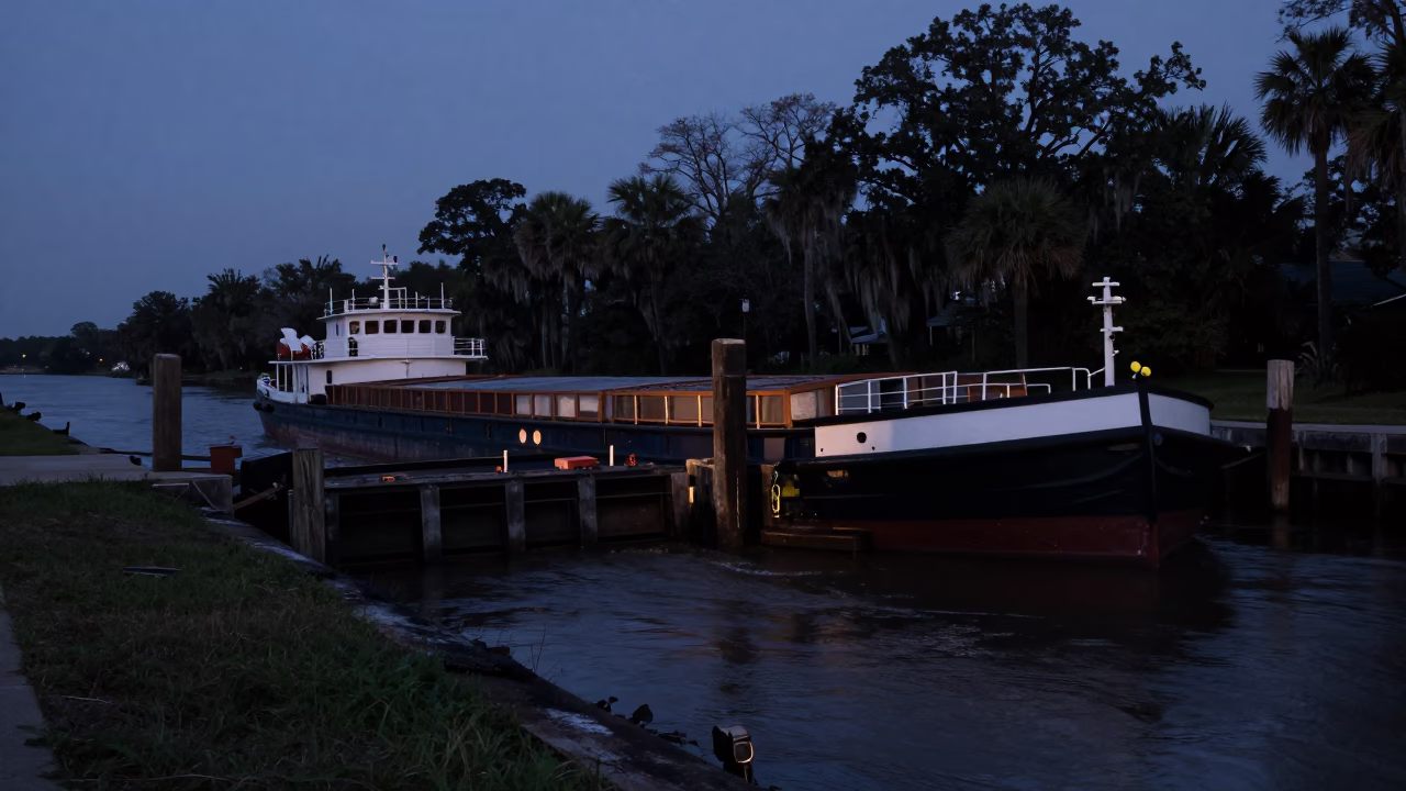 Predawn Charleston Canal Barge Sluice Gate and Mud Edge in in Charleston, South Carolina, United States