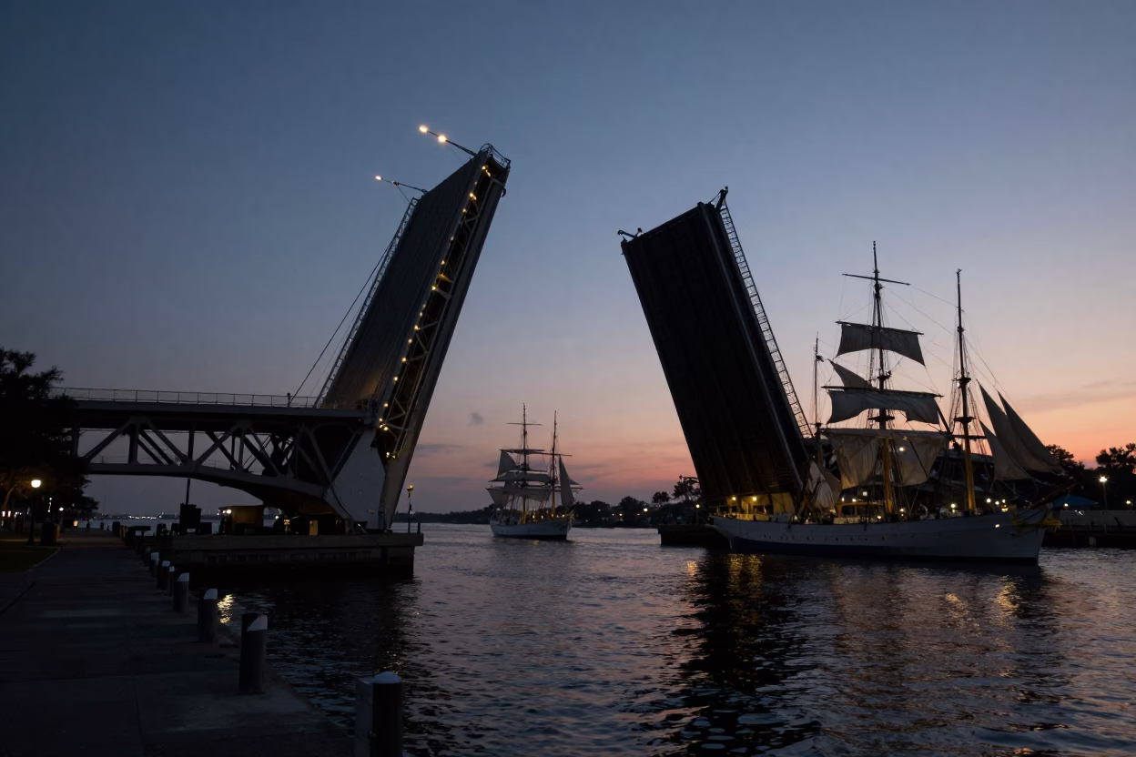 Predawn Charleston Harbor Drawbridge Raising for Tall Ship in South Carolina in in Charleston, South Carolina, United States