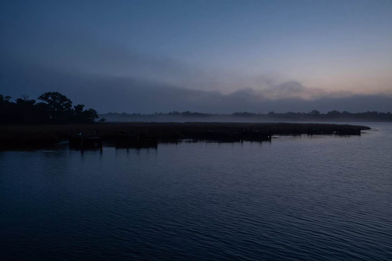Predawn Charleston Harbor Mist and Lowcountry Marshland Horizon with Brick Architecture in in Charleston, South Carolina, United States