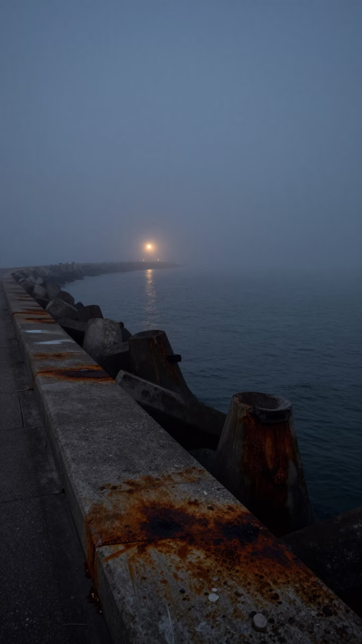 Predawn Charleston Harbor Sea Fog Over Breakwater and Rusty Drain in in Charleston, South Carolina, United States