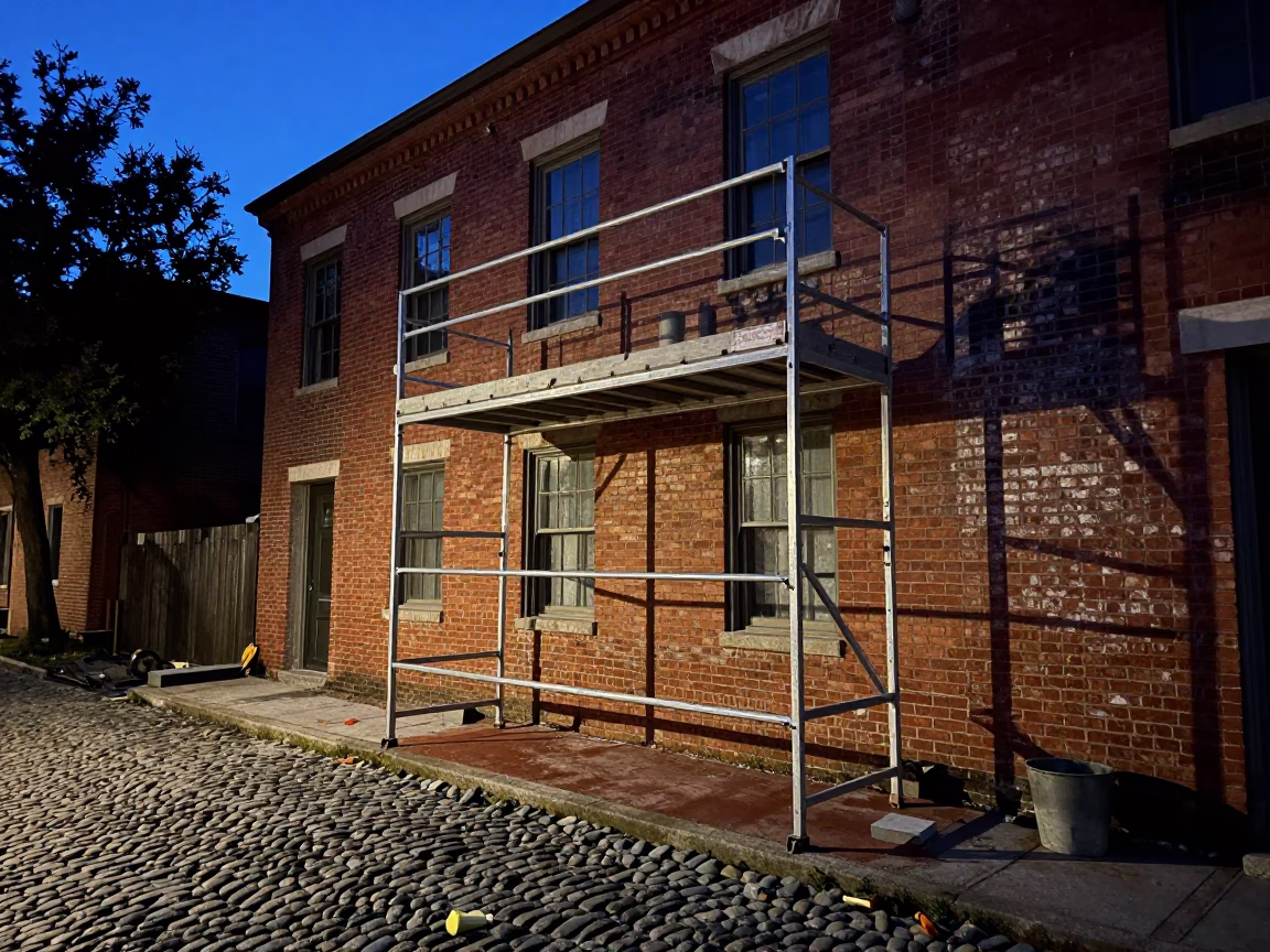 Predawn Charleston South Carolina Brickwork Construction Scene with Mason's Tools in in Charleston, South Carolina, United States