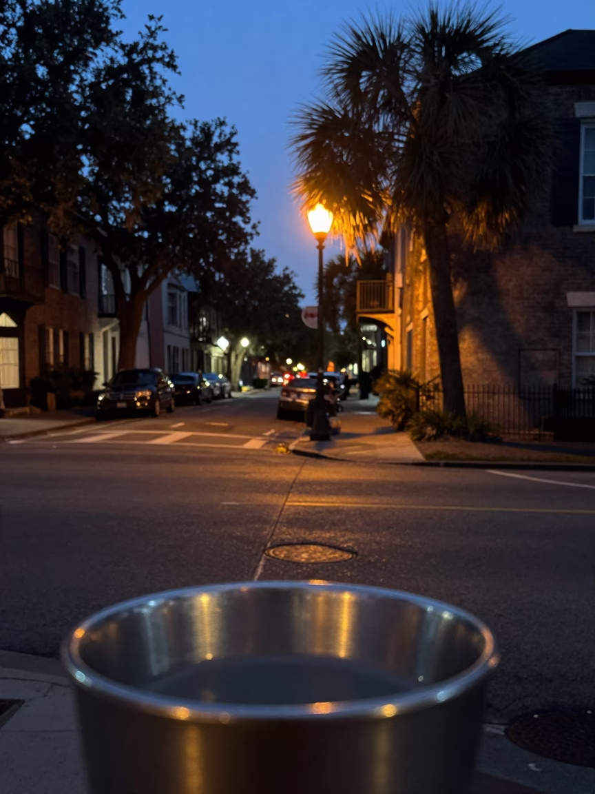 Predawn Charleston South Carolina Street Scene with Brushed Steel Cup Rim in in Charleston, South Carolina, United States