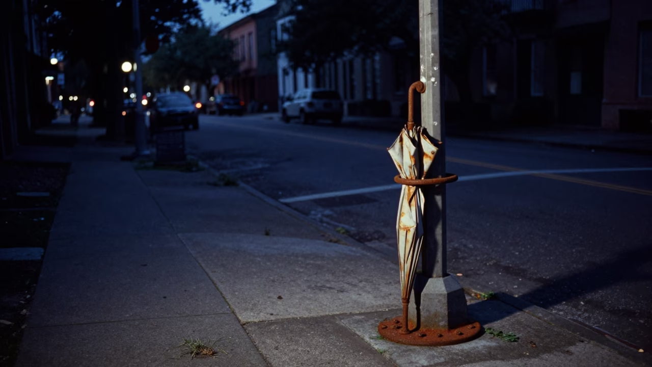 Predawn Charleston South Carolina Street Scene with Umbrella Stand and Rust in in Charleston, South Carolina, United States