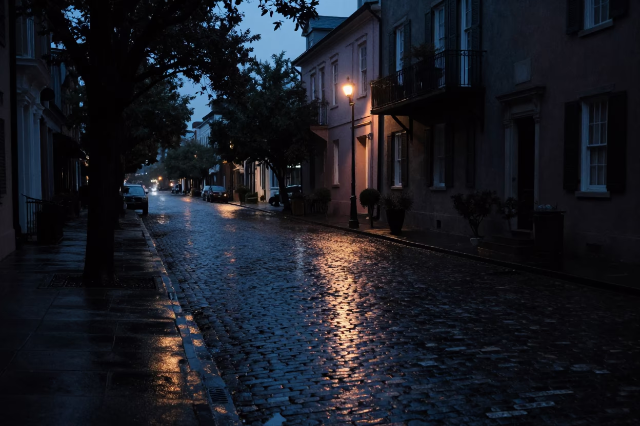 Predawn Charleston Street Scene with Damp Cobblestones and Faint Streetlamp Glow in in Charleston, South Carolina, United States