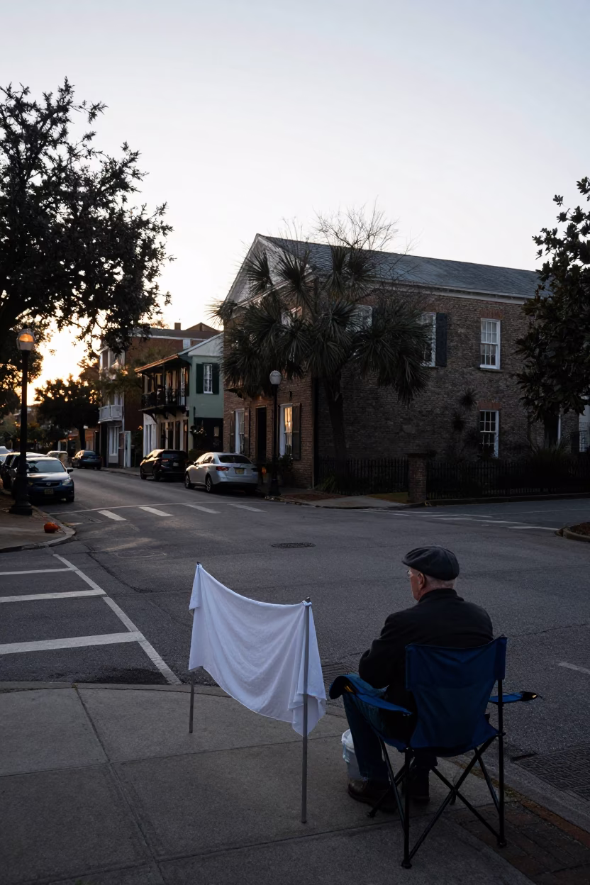 Predawn Charleston Street Scene with Folding Chair and Drying Rack in Historic District in in Charleston, South Carolina, United States