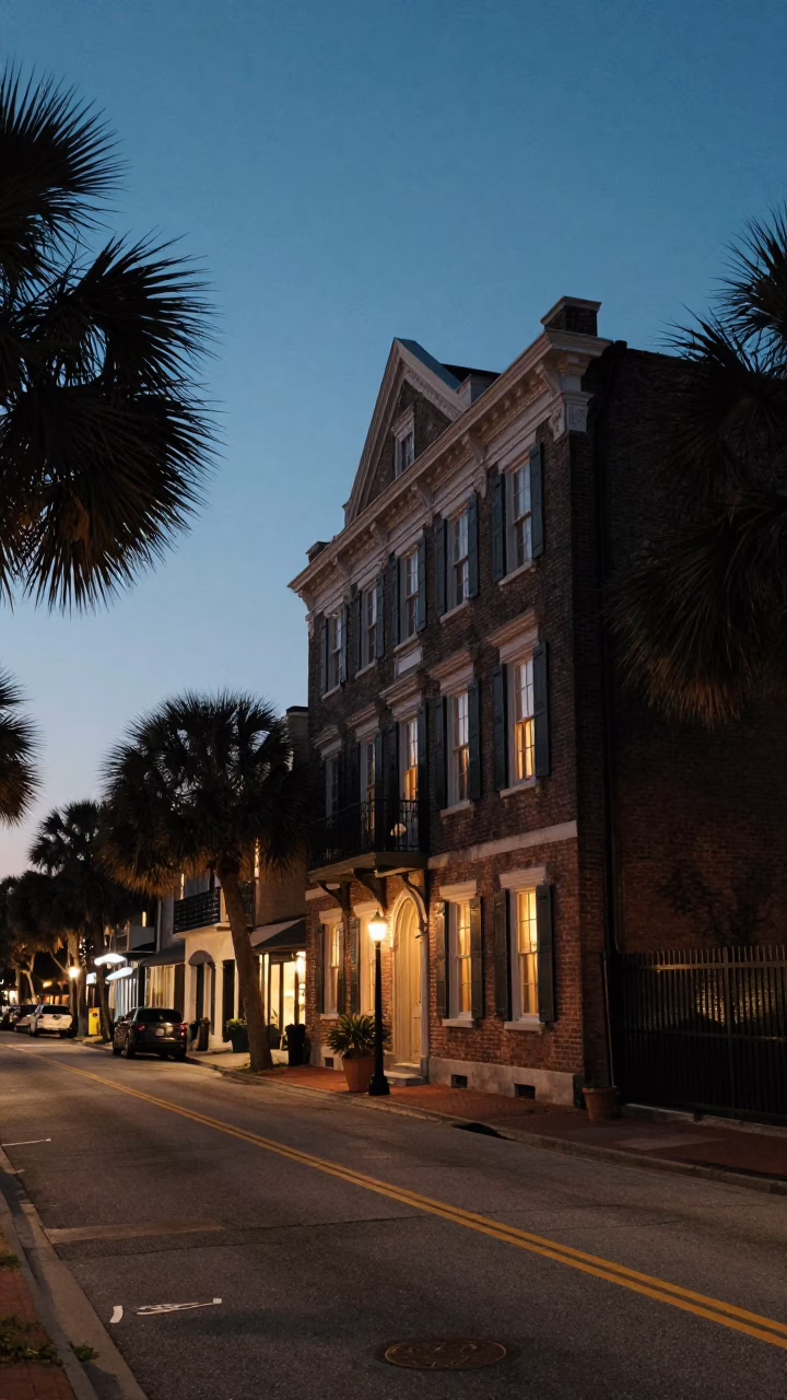 Predawn Charleston Street Scene with Historic Architecture and Local Life in in Charleston, South Carolina, United States