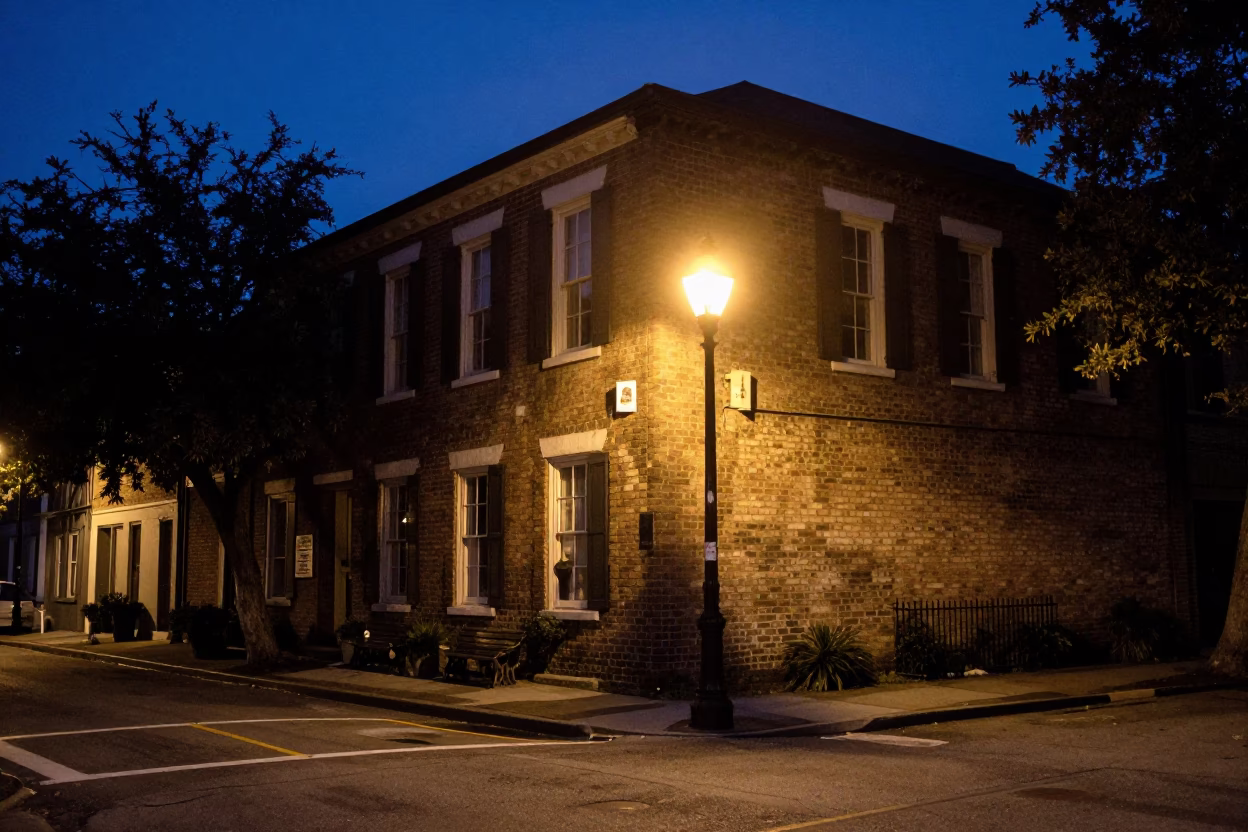 Predawn Charleston Street Scene with Historic Brick and Streetlamp in in Charleston, South Carolina, United States
