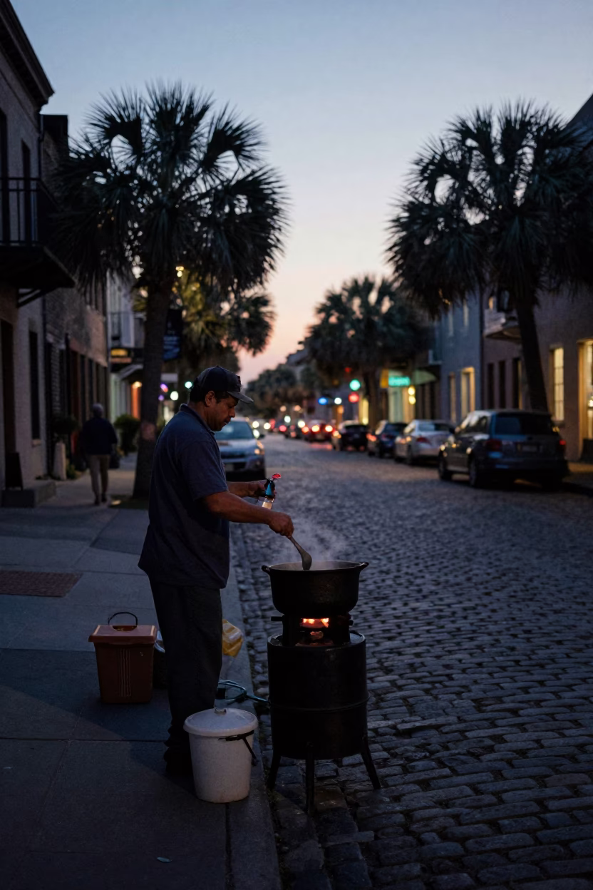 Predawn Charleston Street Scene with Ladle and Watering Bottle in in Charleston, South Carolina, United States