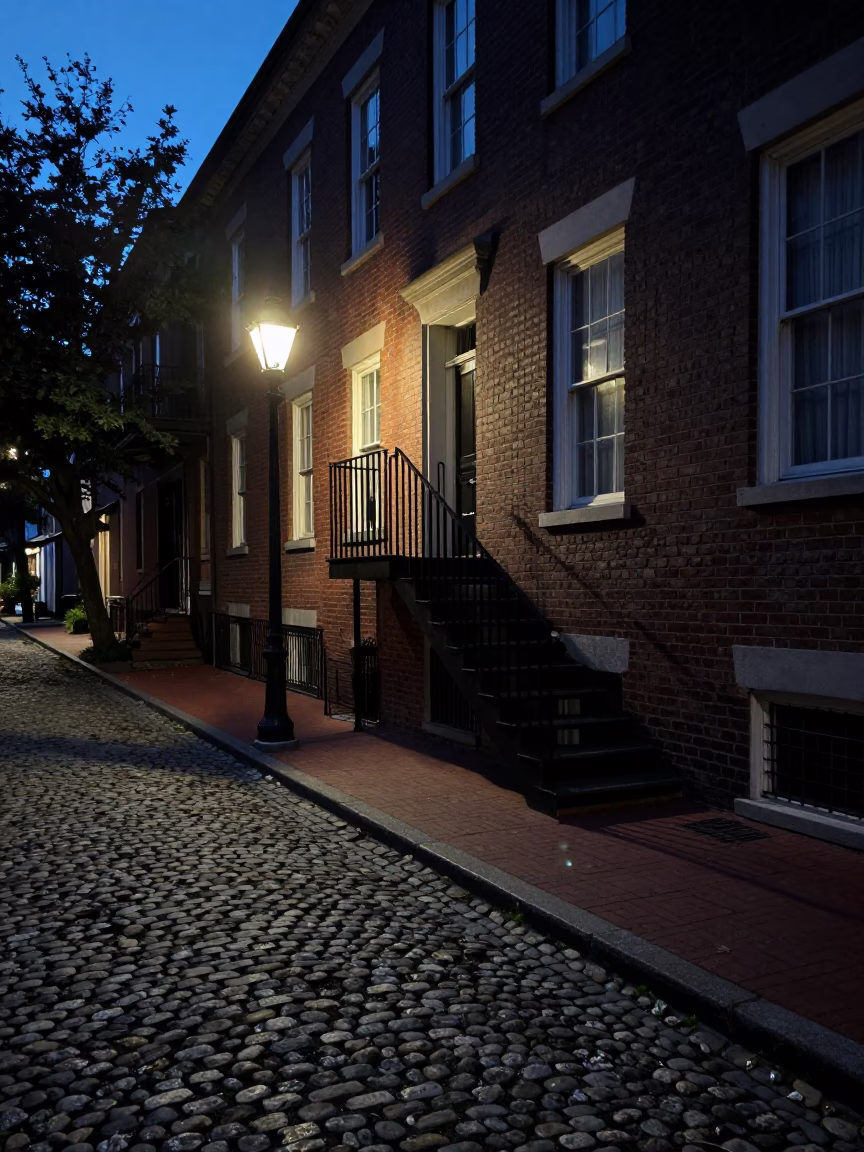 Predawn Charleston Street Scene with Stair Rail and Urban Morning Light in in Charleston, South Carolina, United States
