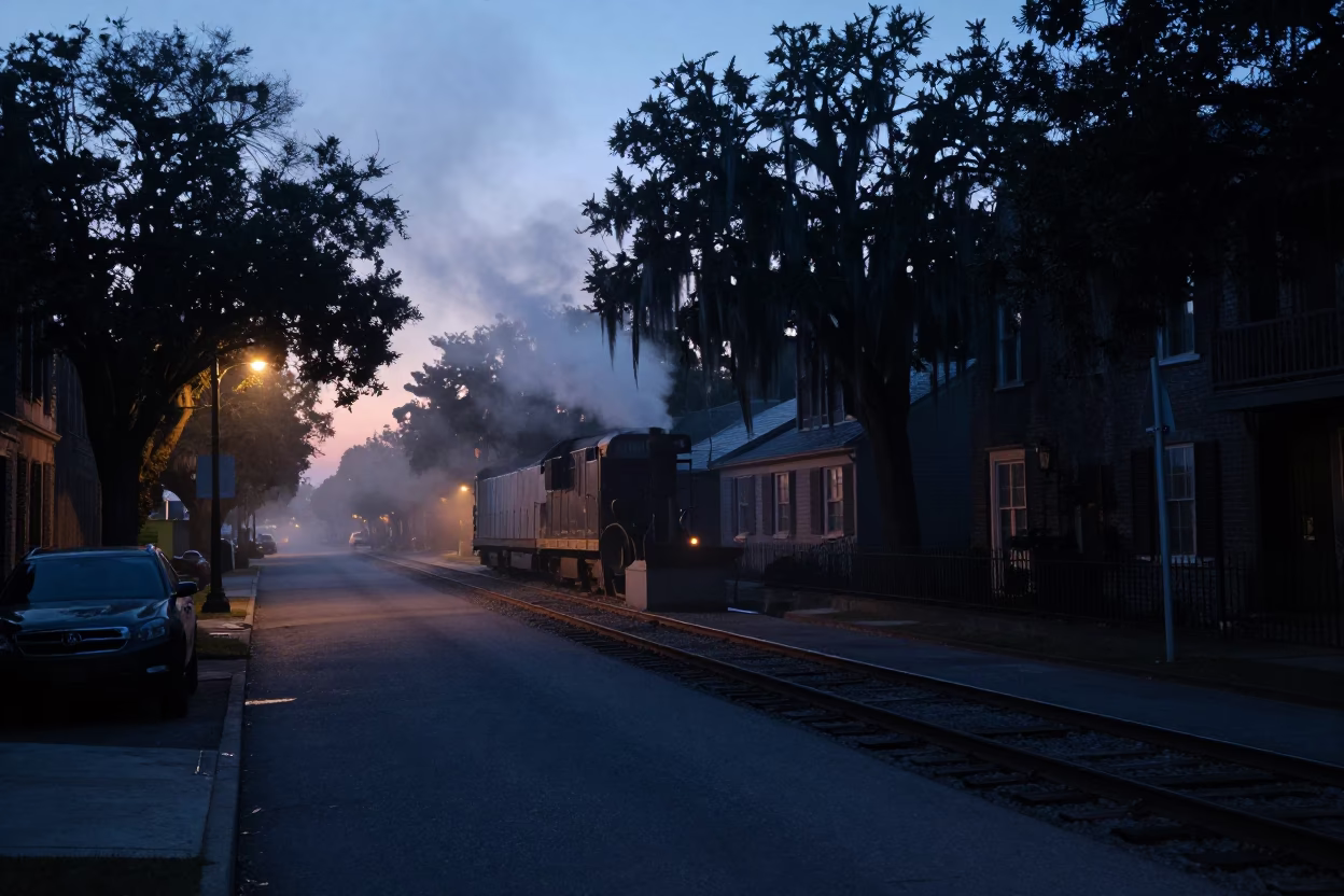 Predawn Charleston Street Scene with Steam Haze and Railway Signal Cabin in in Charleston, South Carolina, United States