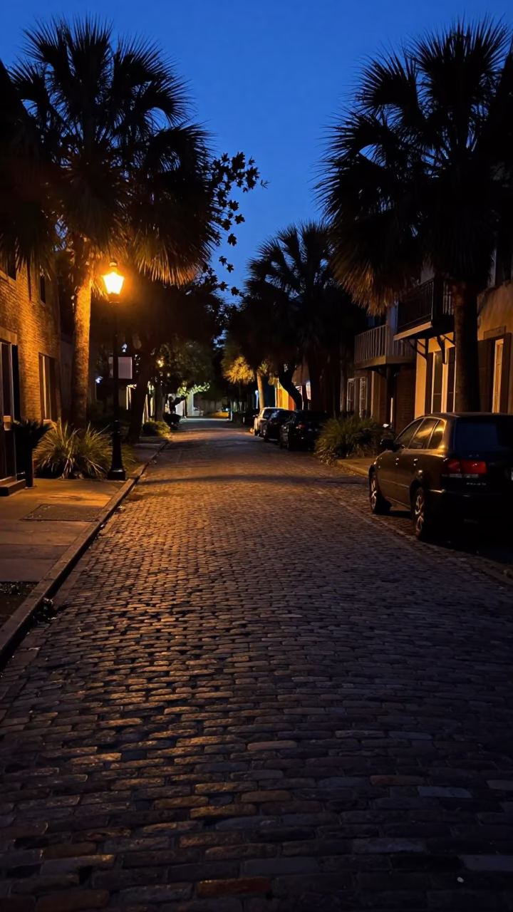 Predawn Charleston Street Scene with Turnbuckle and Parked Car in South Carolina in in Charleston, South Carolina, United States