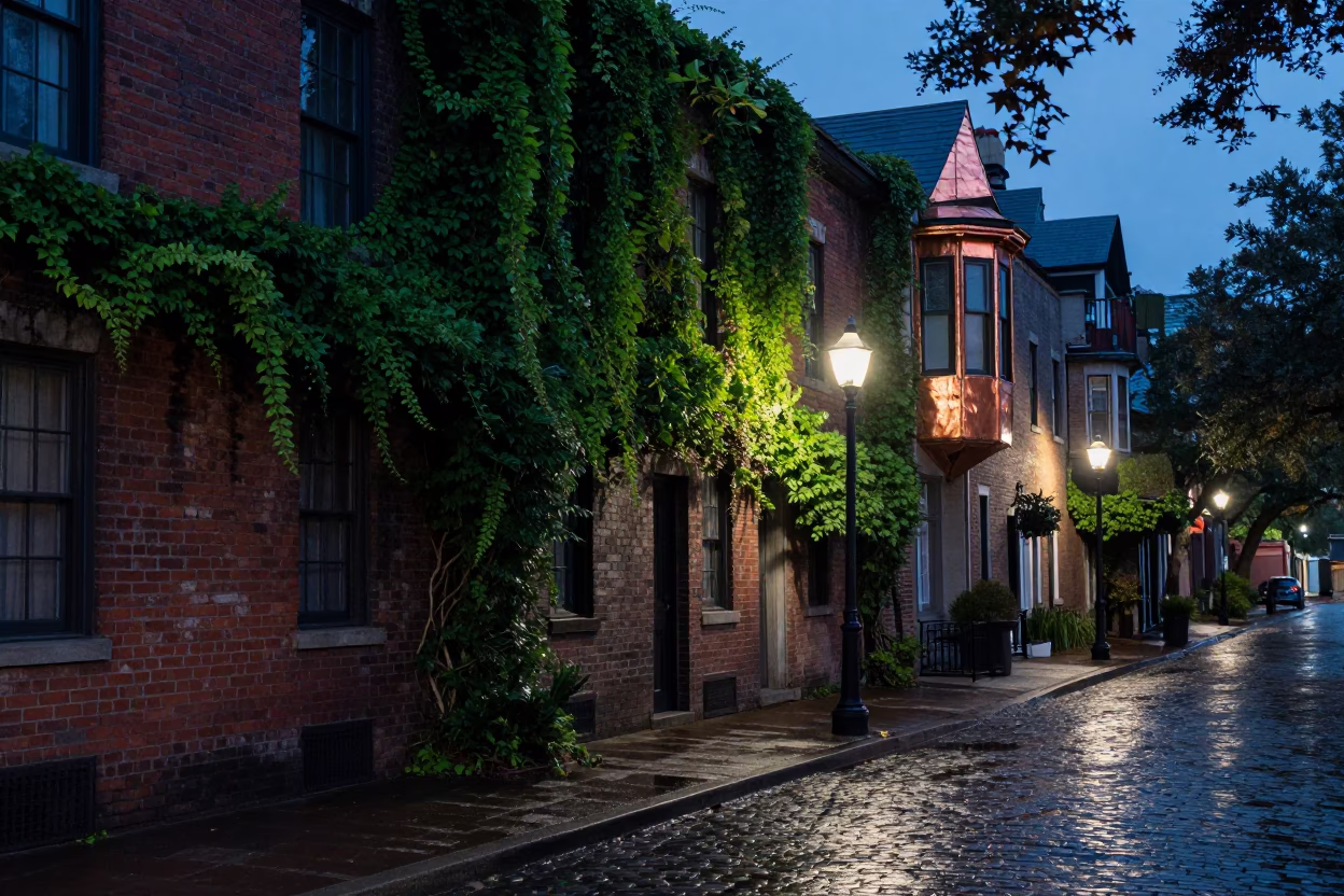 Predawn Charleston Street Scene with Vine-Covered Brick and Copper Pots in in Charleston, South Carolina, United States