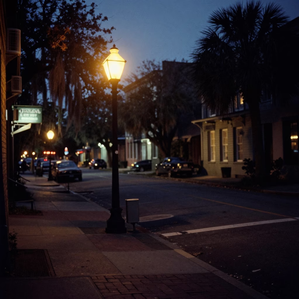Predawn Charleston Street Scene with Vintage 1990s Film Grain and Local Details in in Charleston, South Carolina, United States