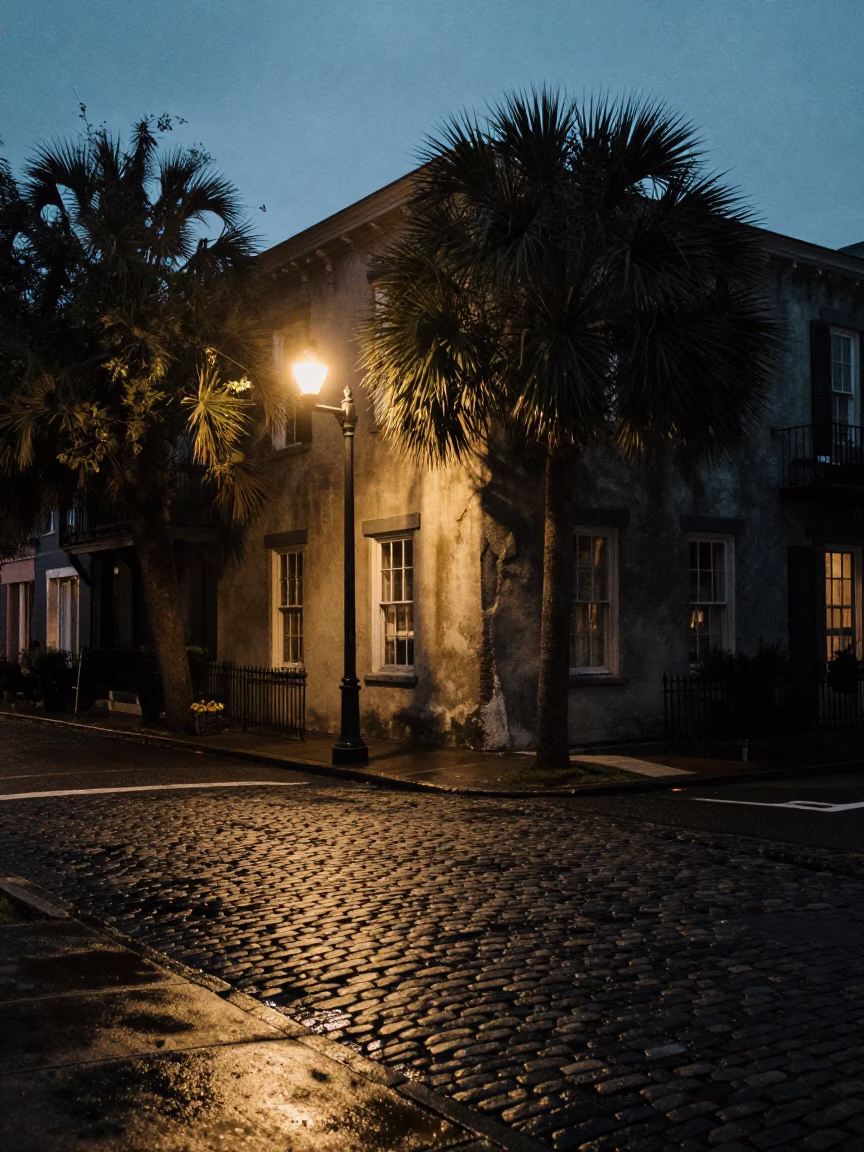 Predawn Charleston Street Scene with Vintage 90s Aesthetic and Local Details in in Charleston, South Carolina, United States