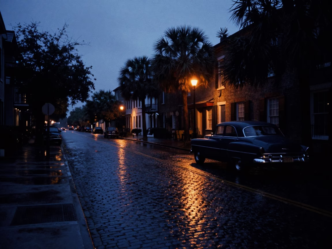 Predawn Charleston Street Scene with Vintage Car and Wet Pavement Reflections in in Charleston, South Carolina, United States