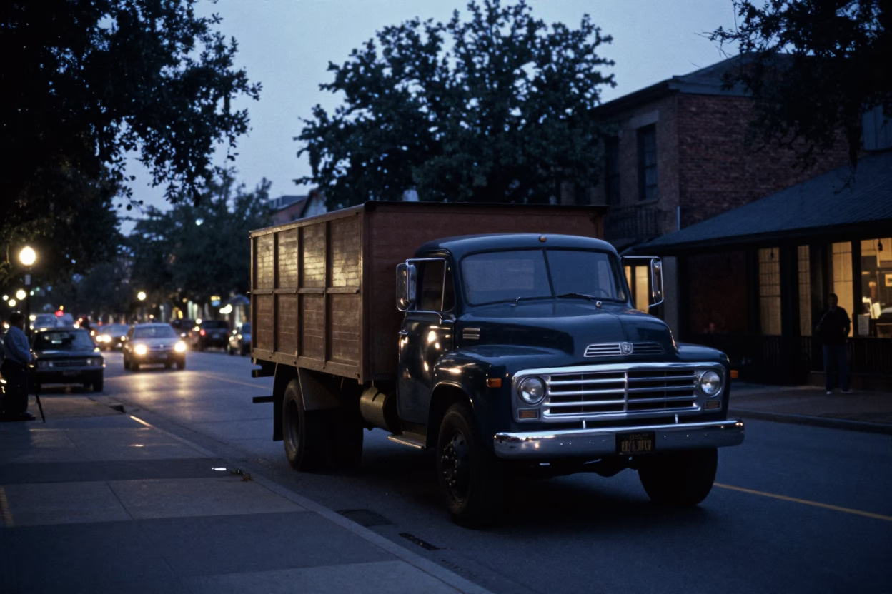 Predawn Charleston Street Scene with Vintage Truck and Local Activity in in Charleston, South Carolina, United States