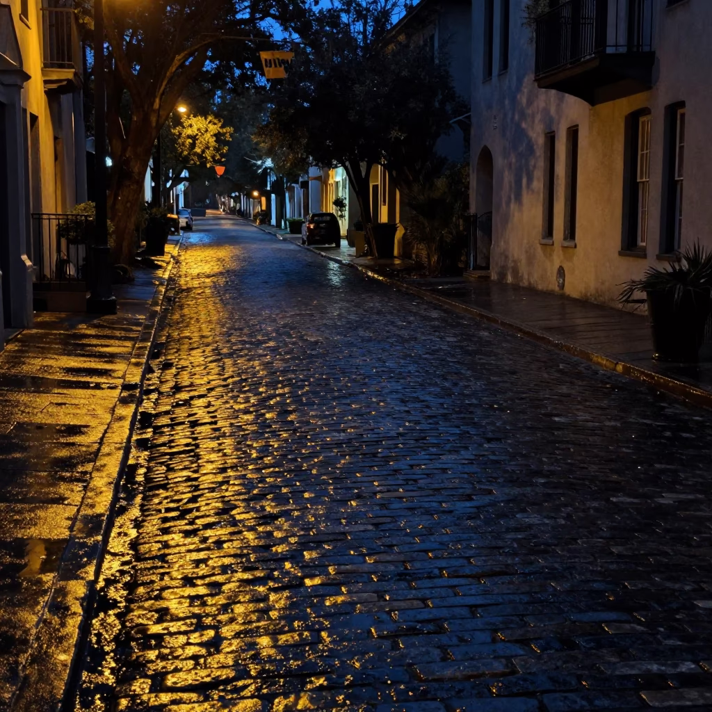 Predawn Charleston Street Scene with Wet Cobblestones and Dim Streetlamp Glow in in Charleston, South Carolina, United States