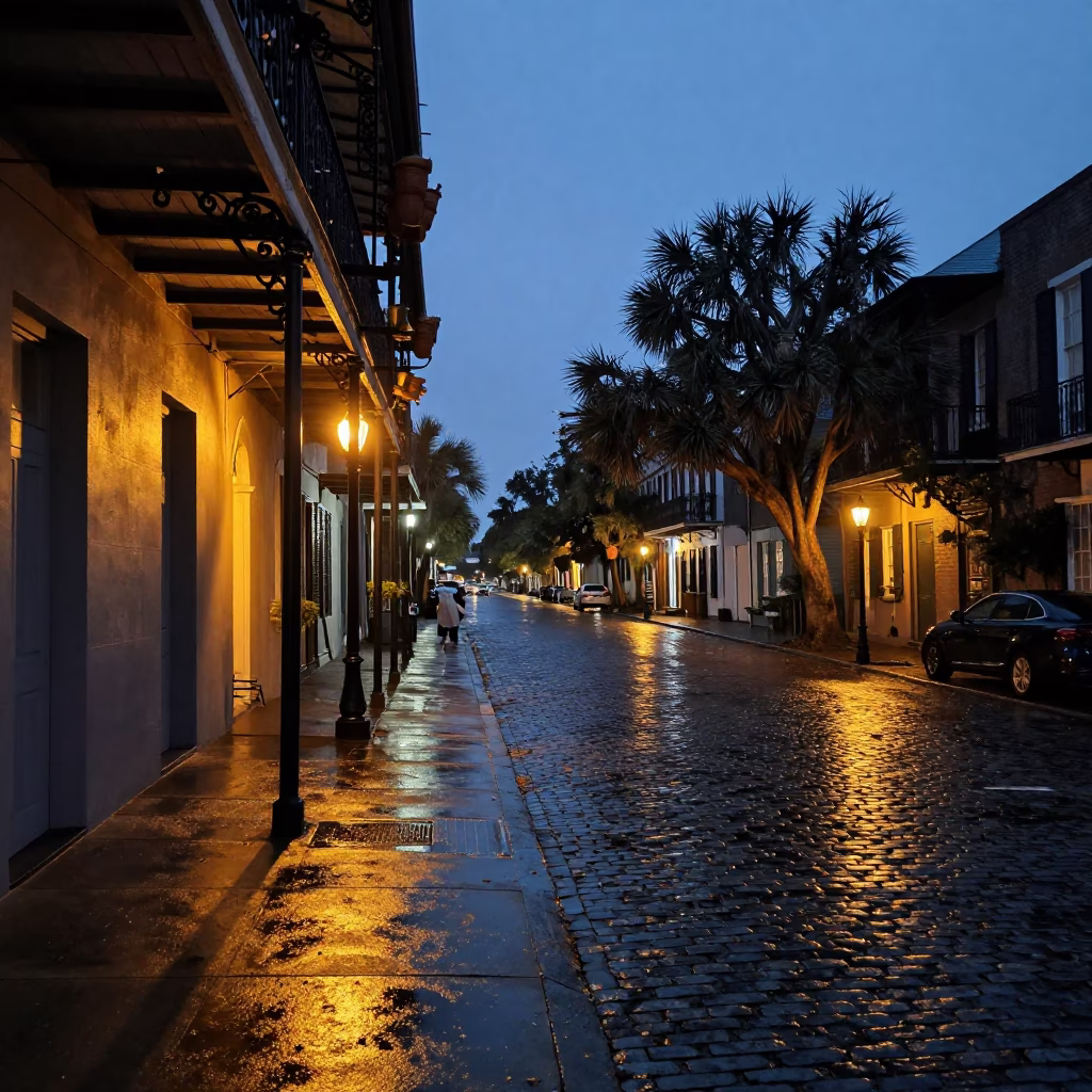 Predawn Charleston Street Scene with Wet Cobblestones and Distant Gaslight in in Charleston, South Carolina, United States