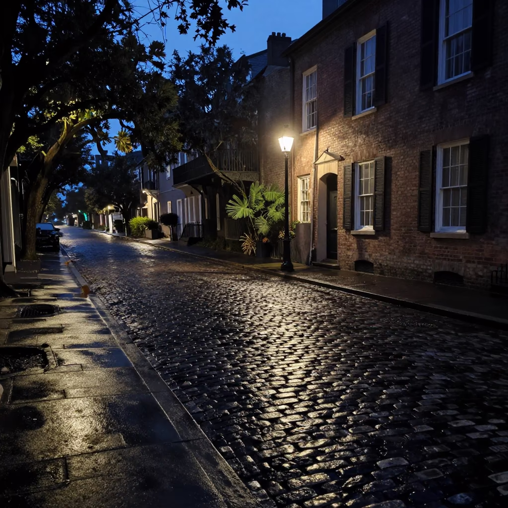 Predawn Charleston Street Scene with Wet Cobblestones and Historic Architecture in in Charleston, South Carolina, United States