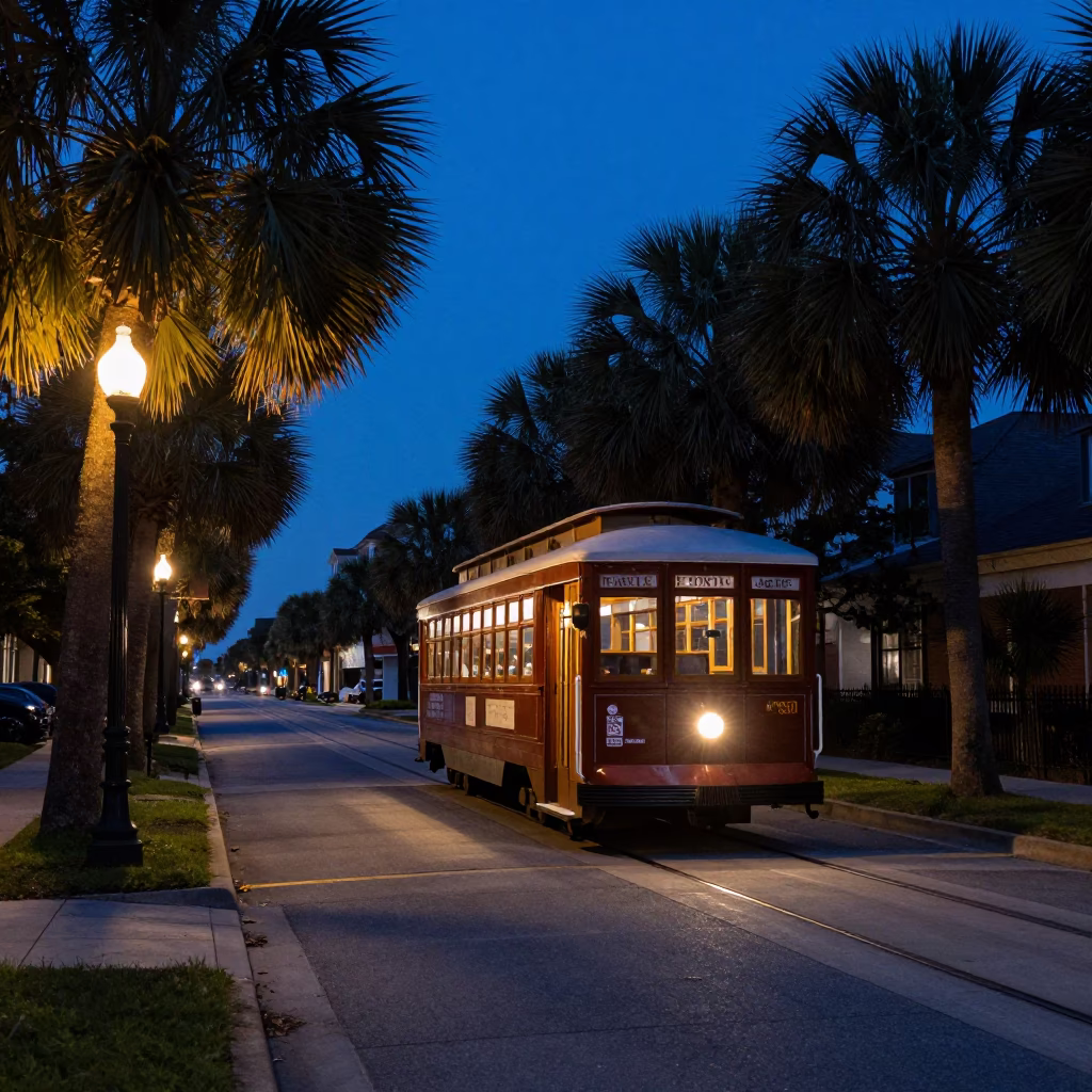 Predawn Charleston Tramcar on Tree-Lined Boulevard with Streetlamp Glow in in Charleston, South Carolina, United States