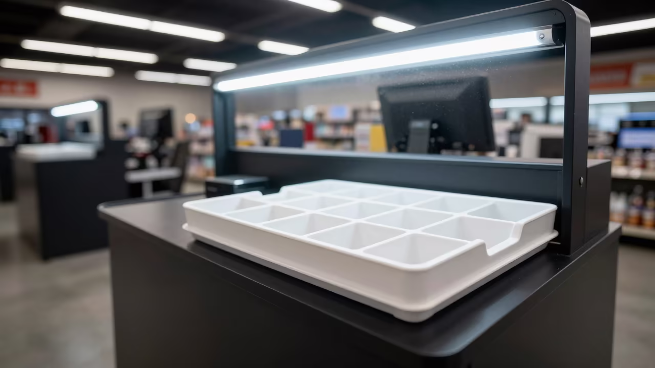 Predawn Checkout Fuse Tray Hillah Retail in at a checkout lane under flat store light in Hillah