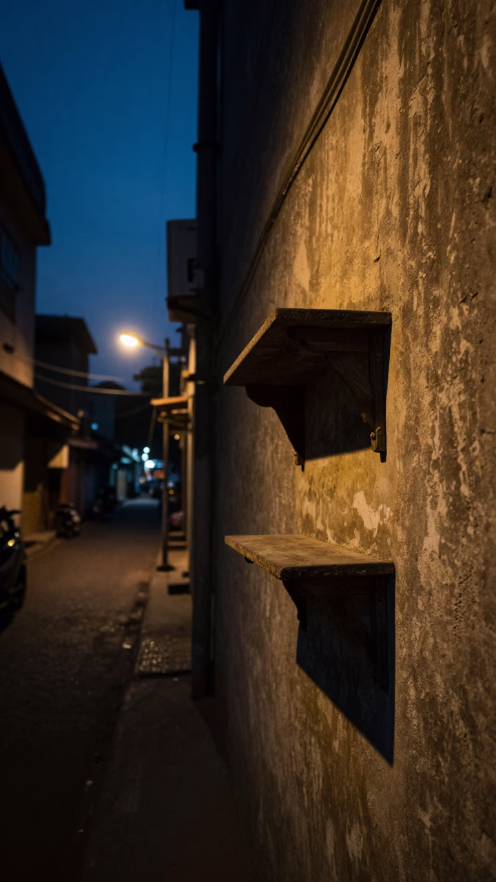 Predawn Chennai Street Scene with Old Wall Shelf and Wash Basin in in Chennai, India