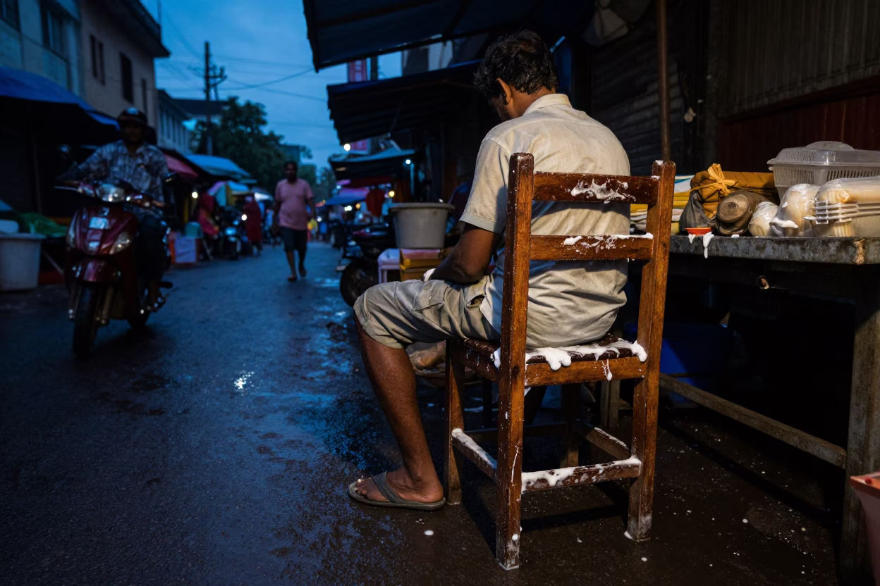 Predawn Chennai Street Scene with Soap Residue on Chair and Early Morning Market Activity in in Chennai, India