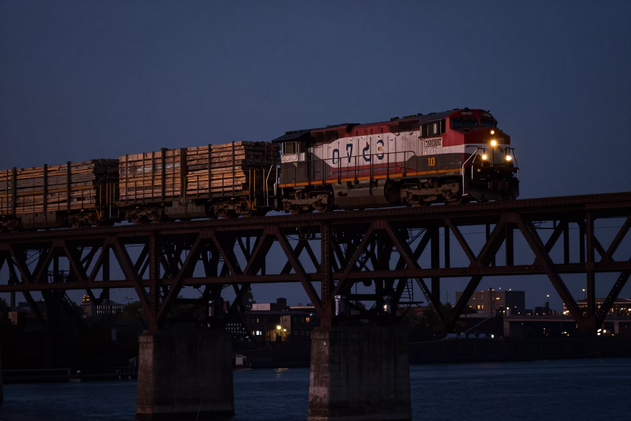 Predawn Chicago Freight Train Crossing Trestle Over Industrial District in Illinois in in Chicago, Illinois, United States