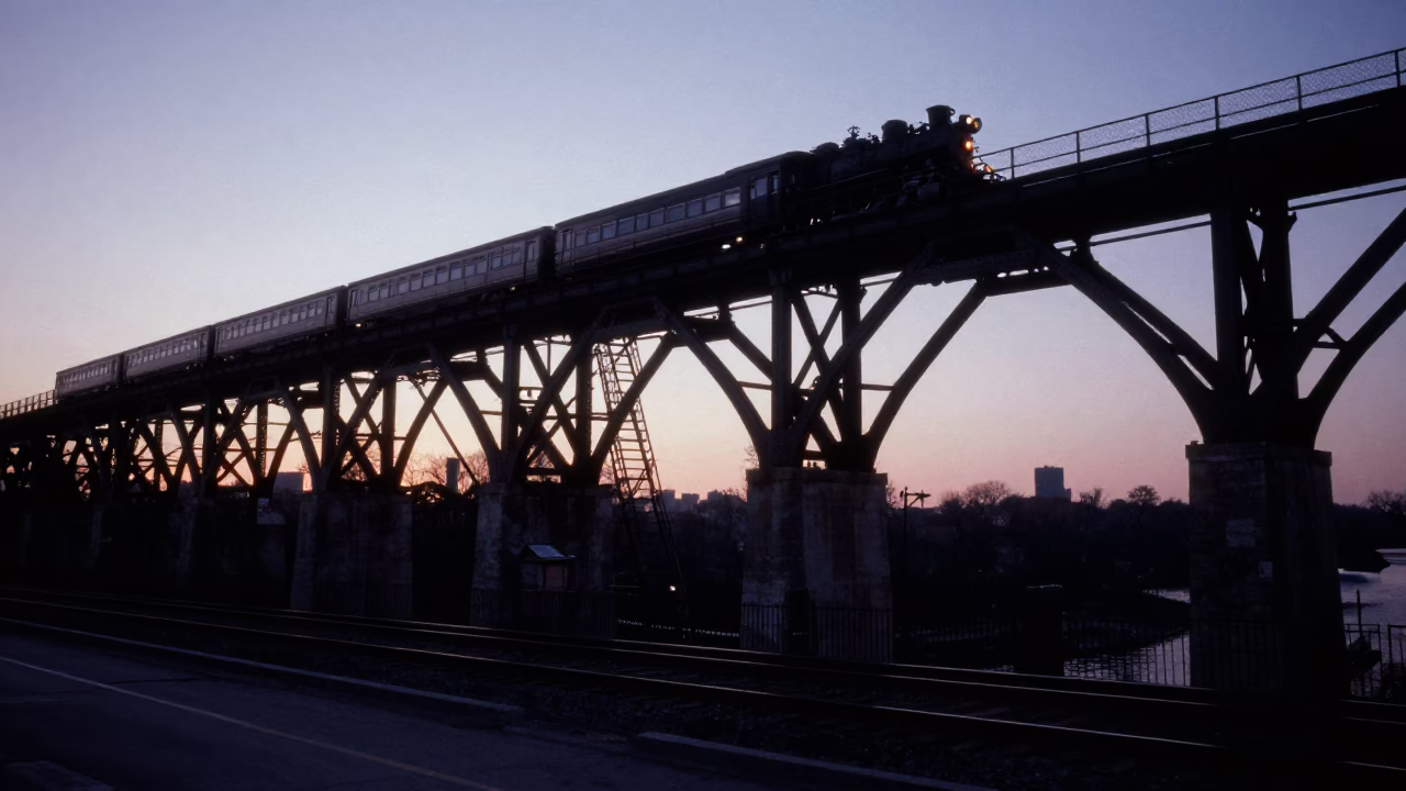 Predawn Chicago Railway Viaduct with Steam Train Crossing Arches Under Dark Sky in in Chicago, Illinois, United States