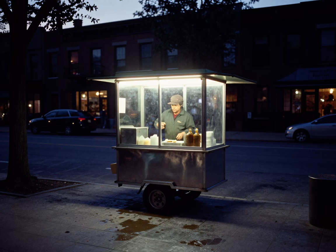 Predawn Chicago Street Corner with Grease Sheen on Tile and Empty Bowl in in Chicago, Illinois, United States