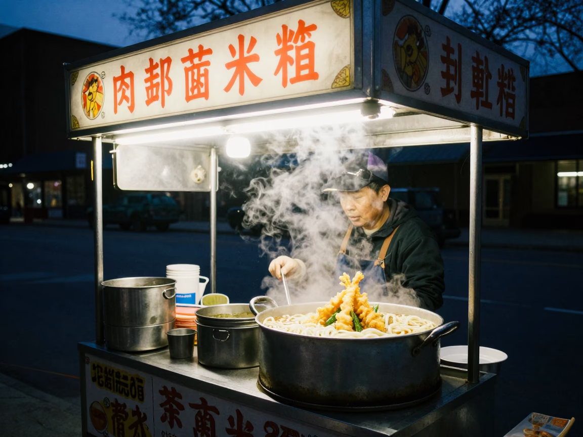 Predawn Chicago Street Food Vendor with Udon Bowl and Tongs in Illinois in in Chicago, Illinois, United States