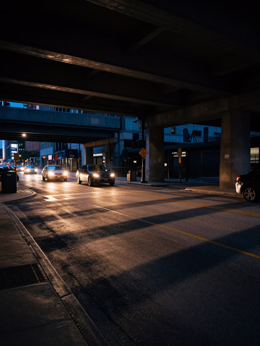 Predawn Chicago Street Scene Under Flyover with Traffic Shadows in in Chicago, Illinois, United States