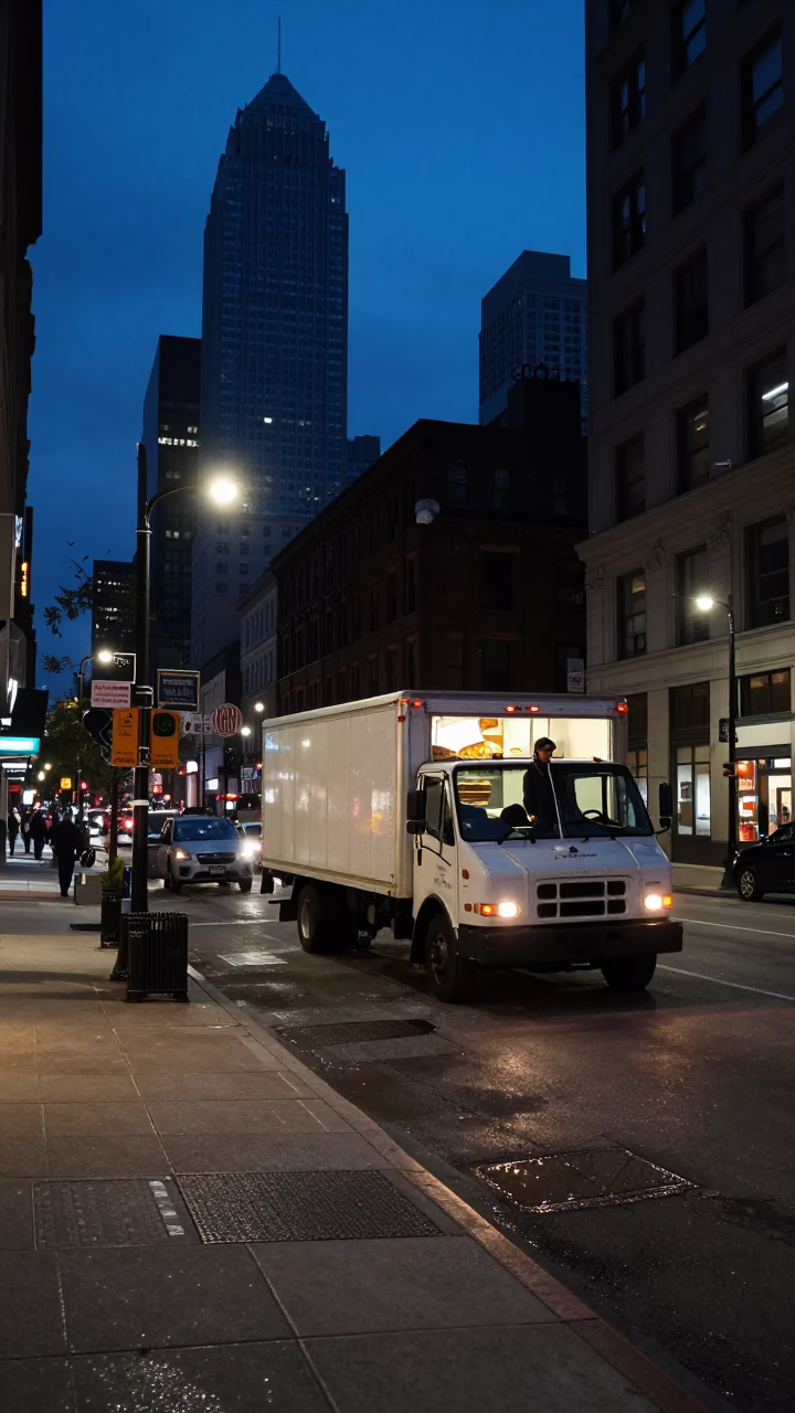Predawn Chicago Street Scene with Bakeries and Urban Infrastructure in in Chicago, Illinois, United States
