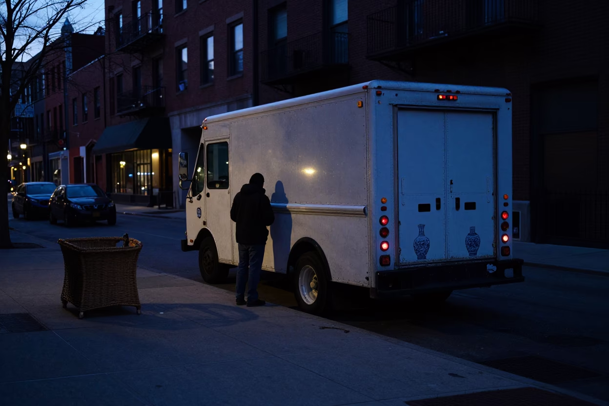 Predawn Chicago Street Scene with Blue Porcelain and Wicker Shadows in in Chicago, Illinois, United States