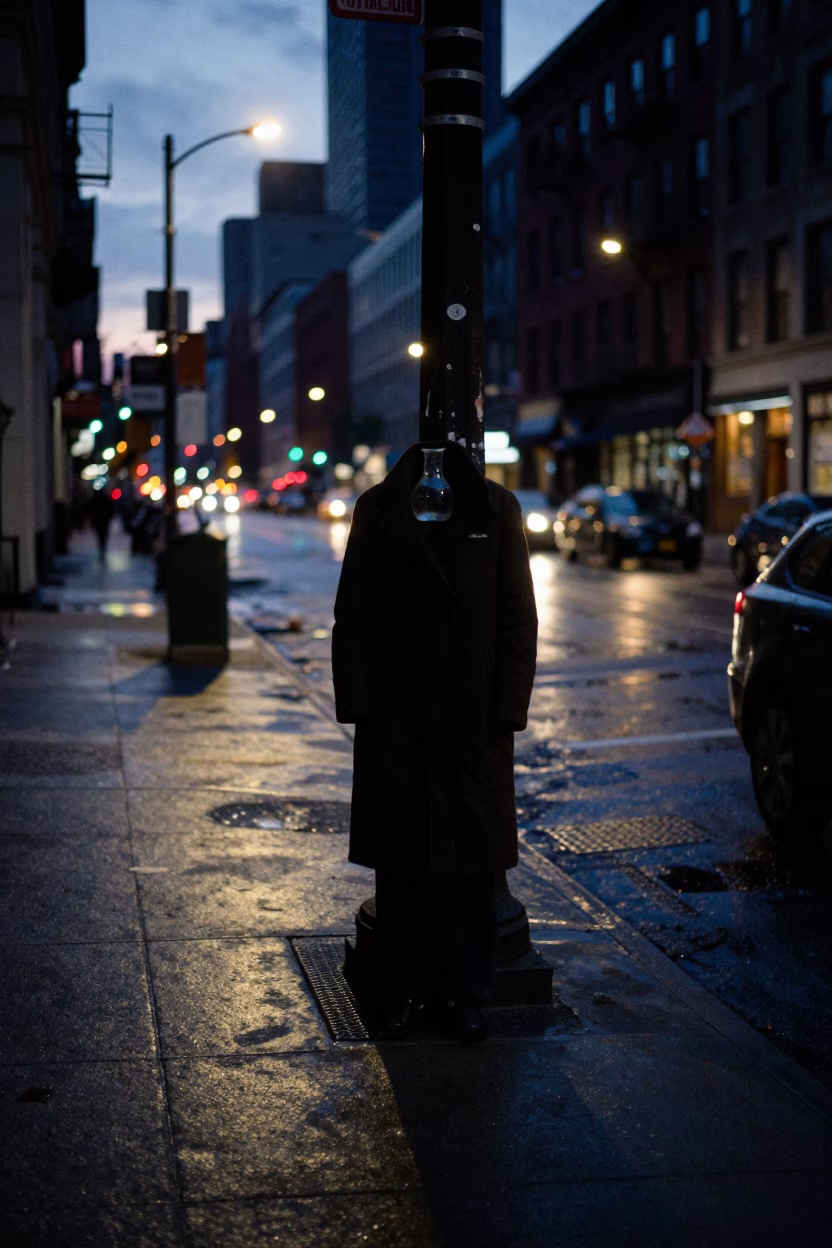 Predawn Chicago Street Scene with Coat Stand and Carafe in in Chicago, Illinois, United States