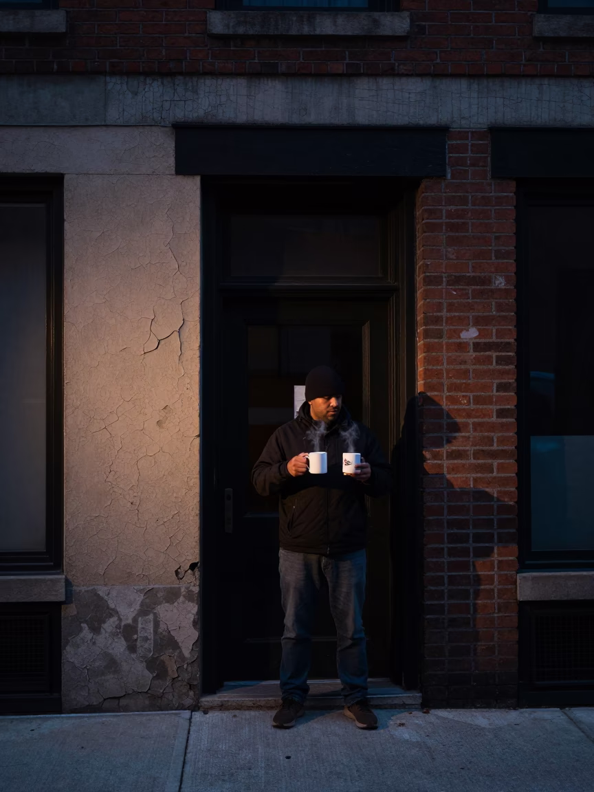 Predawn Chicago Street Scene with Coffee Mugs and Urban Stair Rail in in Chicago, Illinois, United States