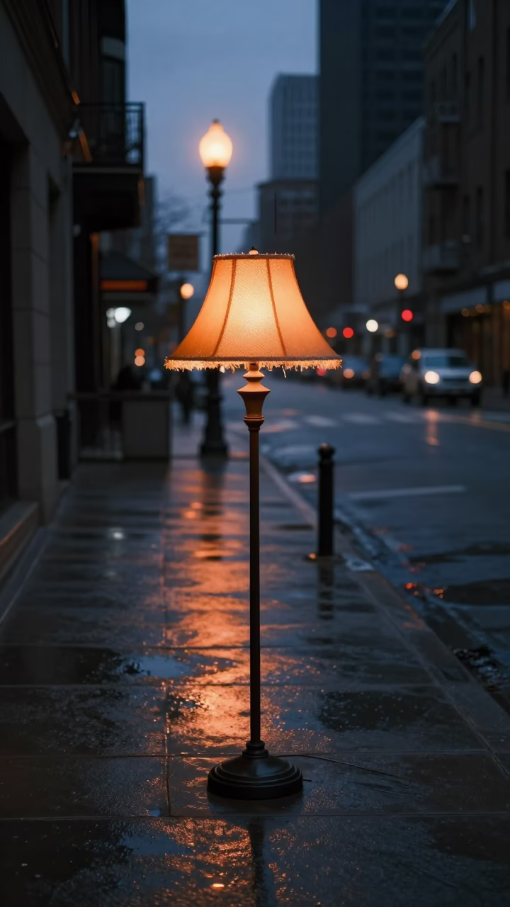 Predawn Chicago Street Scene with Floor Lamp and Mesh Colander on Wet Pavement in in Chicago, Illinois, United States