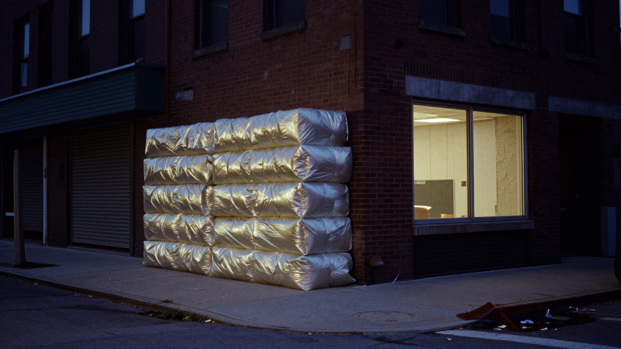 Predawn Chicago Street Scene with Insulation Stack and Window Light in in Chicago, Illinois, United States
