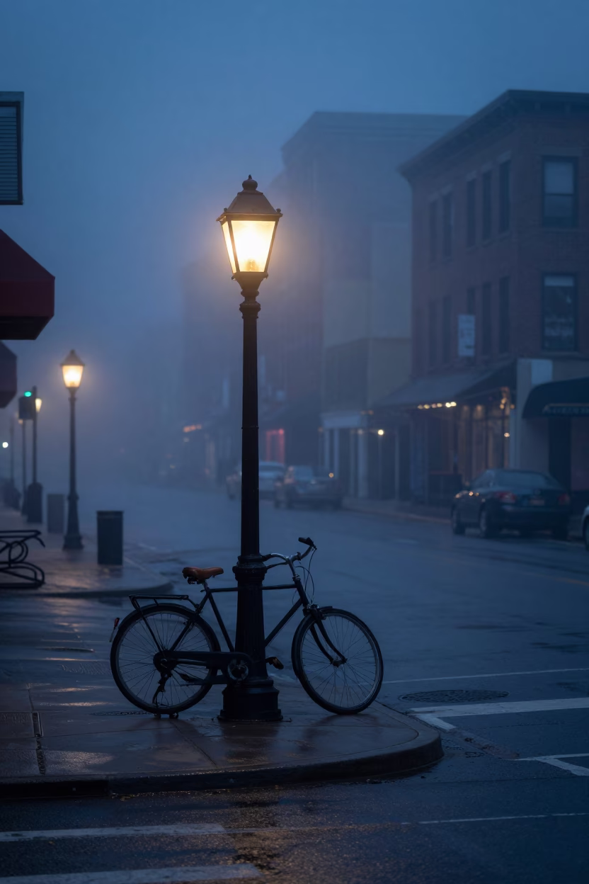 Predawn Chicago Street Scene with Lantern and Bicycle Rack in in Chicago, Illinois, United States