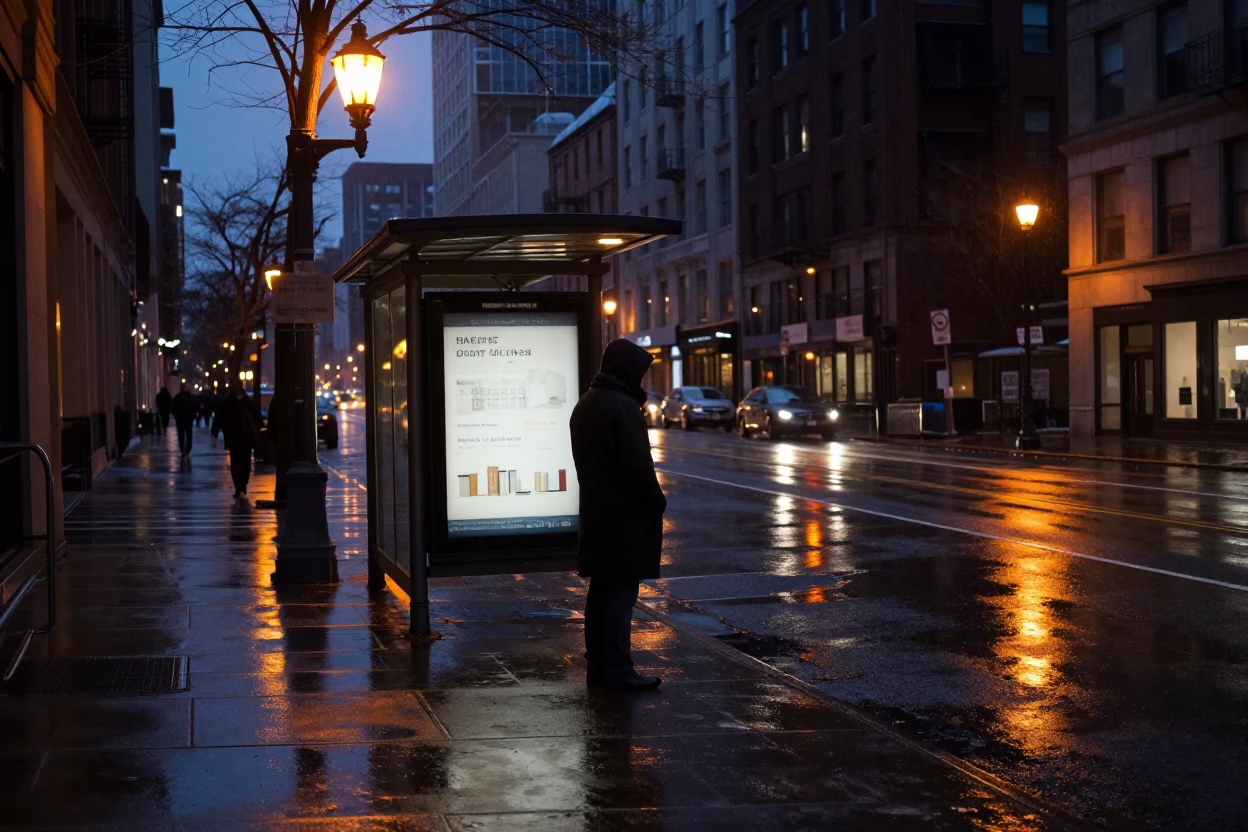Predawn Chicago Street Scene with Lantern and Books in Rain in in Chicago, Illinois, United States